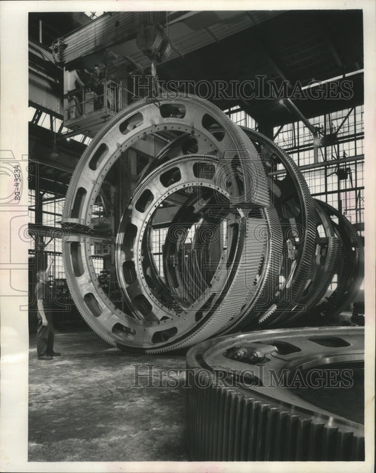 1966 Split ring gear lifted by crane in Falk Corp shop in Milwaukee-Historic Images