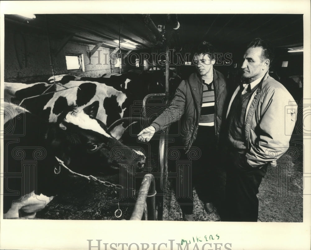 1986 Press Photo Edith and Henry Gross Looking Over 65 Cows at Farm in Merrill - Historic Images