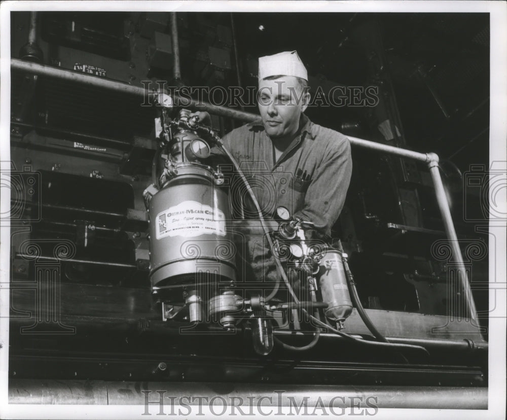 1957 Press Photo Press Room operator at Milwaukee Journal - mjb03891 - Historic Images