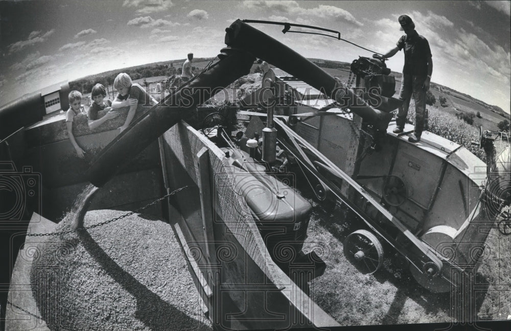 1992 Press Photo Youngster&#39;s watch oats from Hagemann&#39;s machine, farm near Elroy - Historic Images