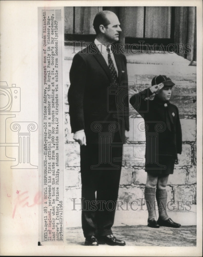 1968 Press Photo Prince Andrew giving salute to Boy Scouts Saint George's Day- Historic Images