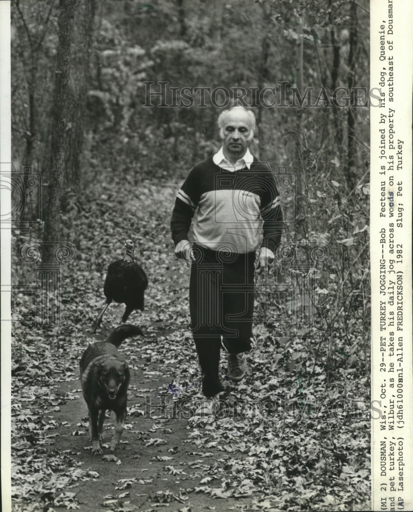1982 Press Photo Dousman, Wisconsin Bob Fecteau jogging his pet turkey and dog.