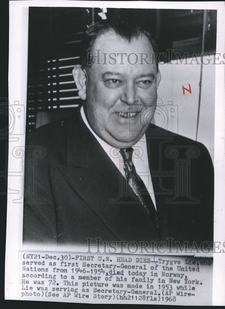 1968 Press Photo First Secretary General of the United Nations Trygve Lie - Historic Images