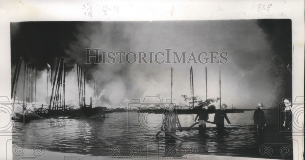 1951 Press Photo Firemen Fighting Gasoline Fire after Flood, Kansas City - Historic Images