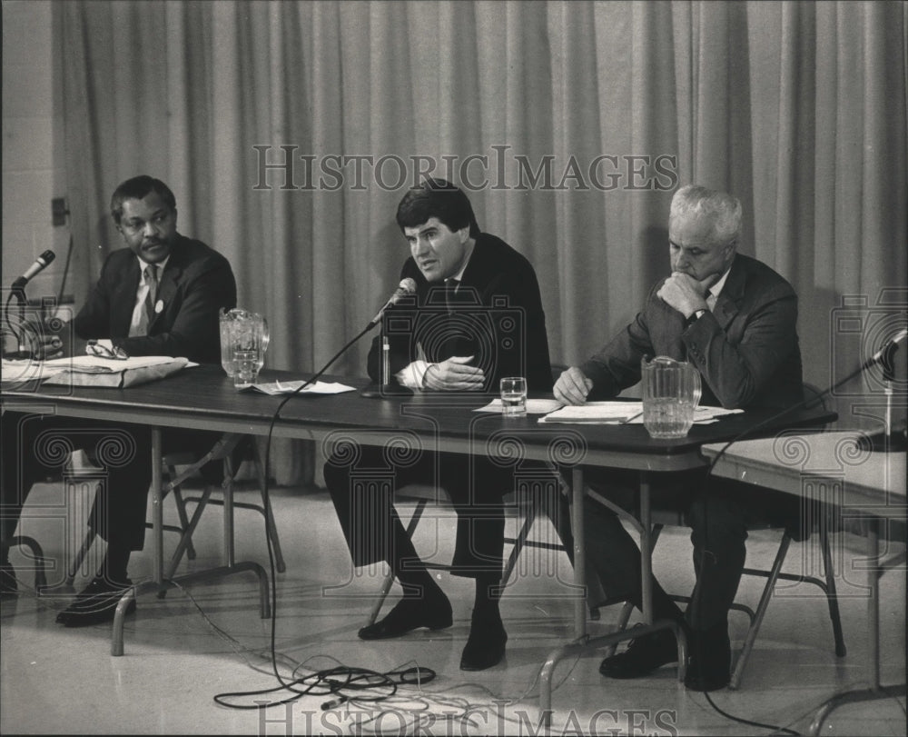 1988 Donald Sykes, Jim Moody, Matthew Flynn at a forum, Wisconsin - Historic Images