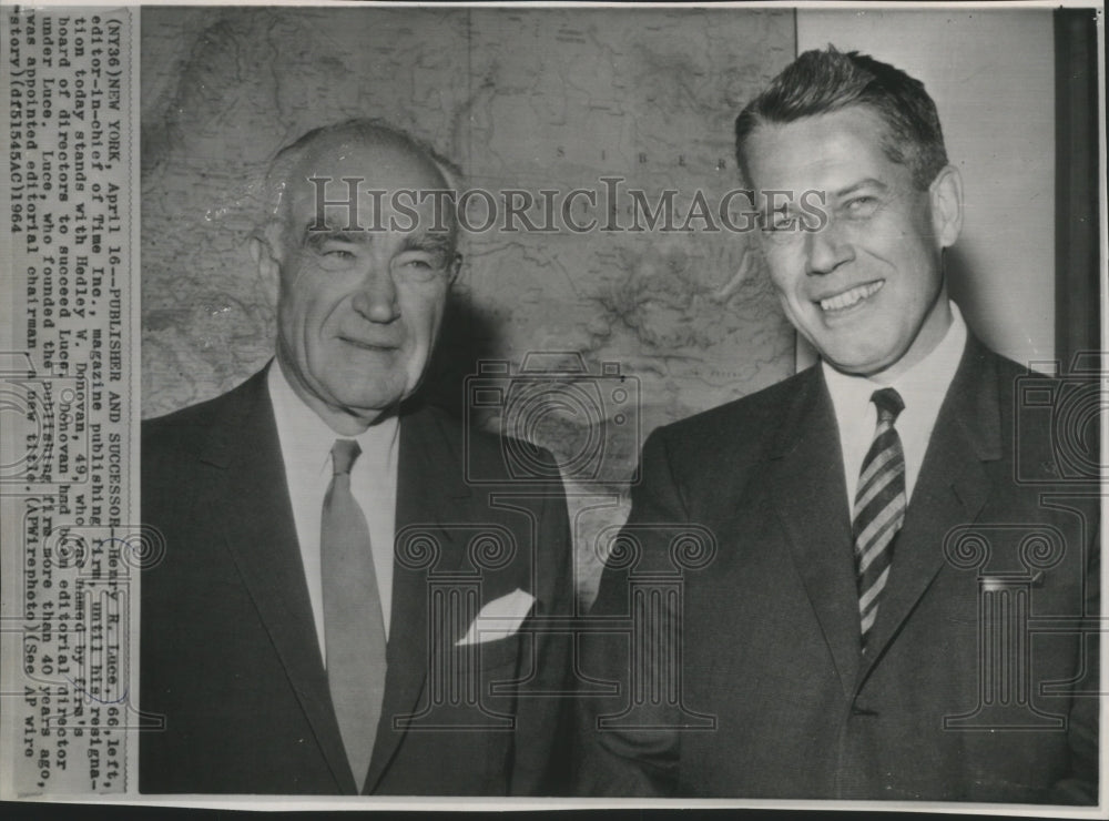 1964 Press Photo Henry R. Luce with successor, Hedley W. Donovan, at Time Inc.-Historic Images