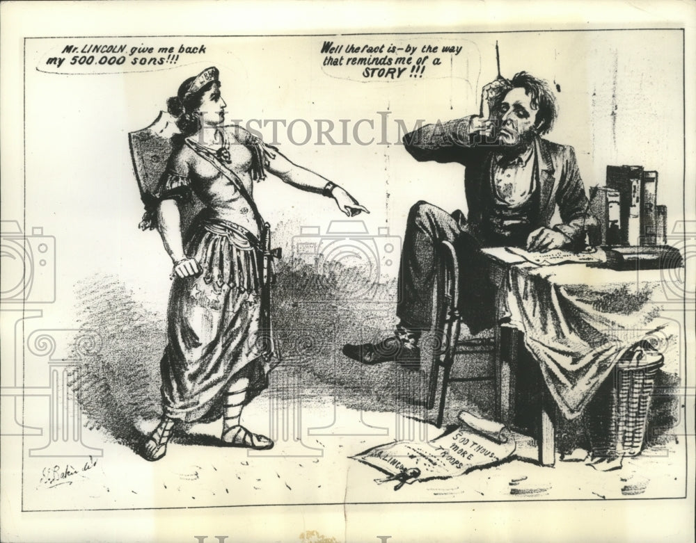1937 Press Photo Cartoon that asks Abraham Lincoln for an accounting of war dead- Historic Images