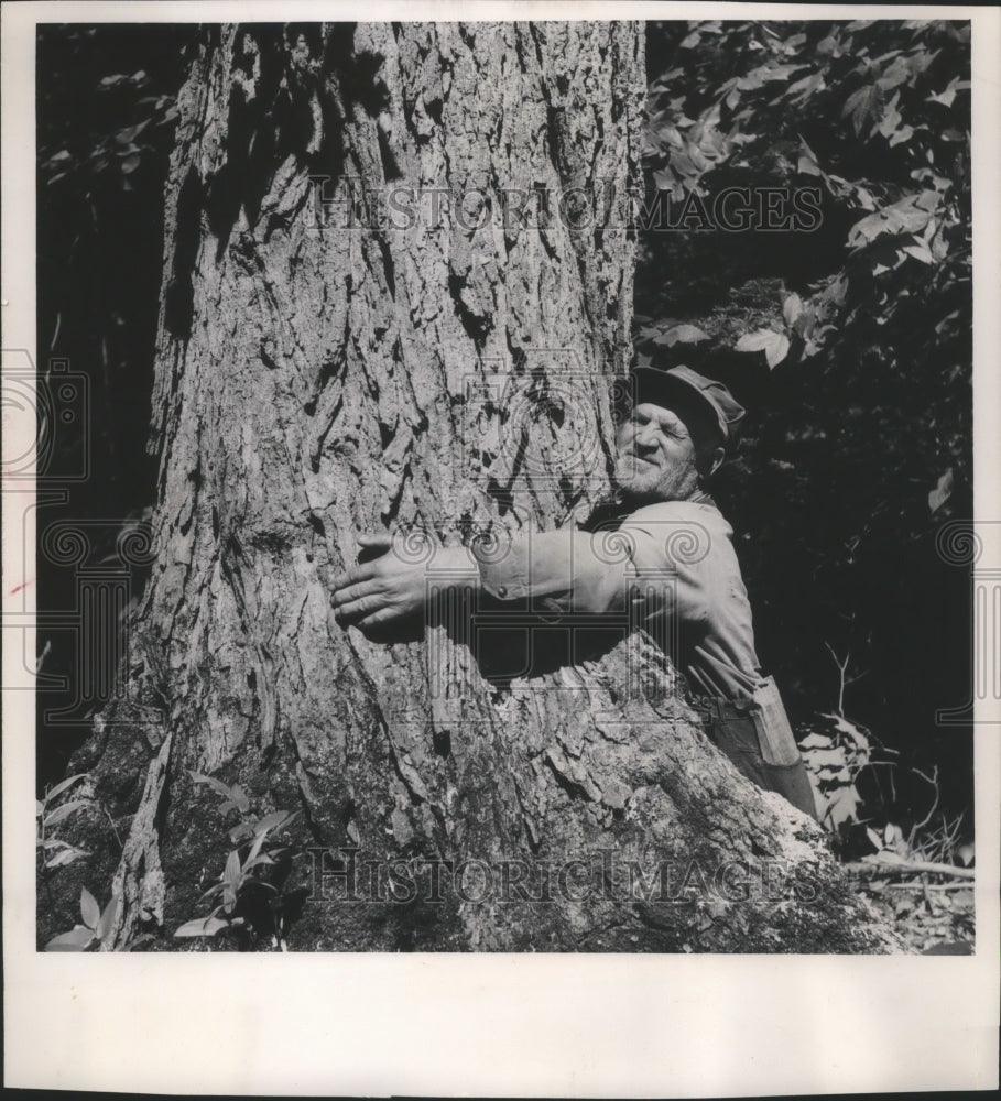 1955 Press Photo Sawyer Max Reinke hugs tree before working on it, Wisconsin. - Historic Images