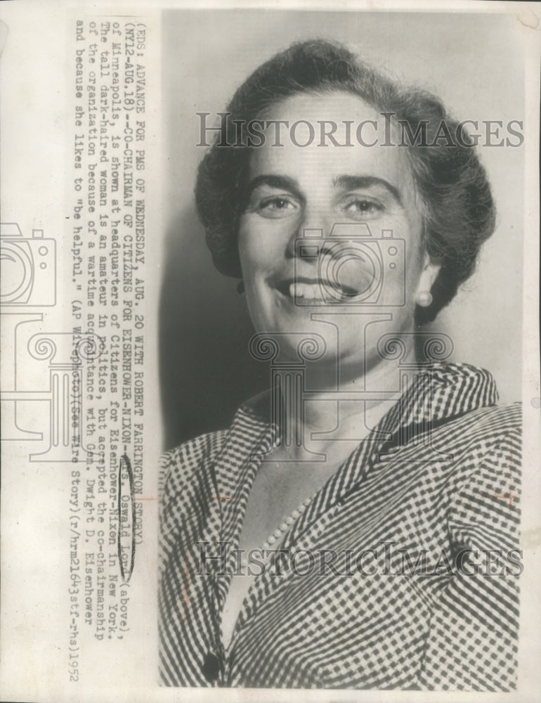 1952 Press Photo Mrs. Oswald Lord of Minneapolis, Minnesota - mjb09814-Historic Images