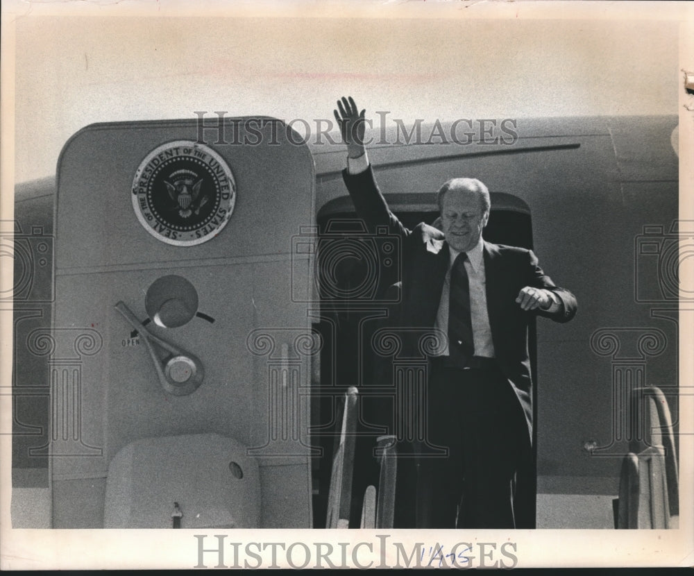 1976 Gerald Ford, standing on the steps of his plane, Wisconsin.-Historic Images