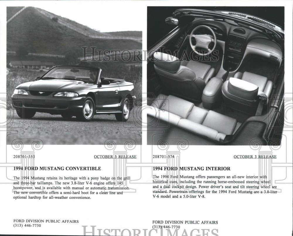 1994 Press Photo Front View of the Ford Mustang Convertible and Interior Cockpit - Historic Images