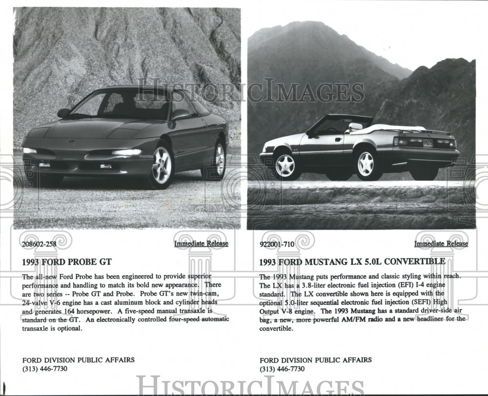 1993 Press Photo Ford Rolls Out Probe GT and Mustang LX 5.0L Convertible - Historic Images