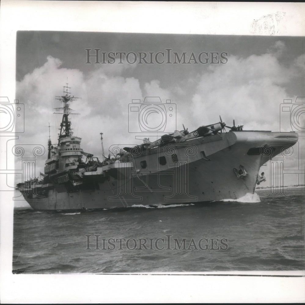 1950 Press Photo British aircraft carrier Theseus carrying planes leaves England-Historic Images
