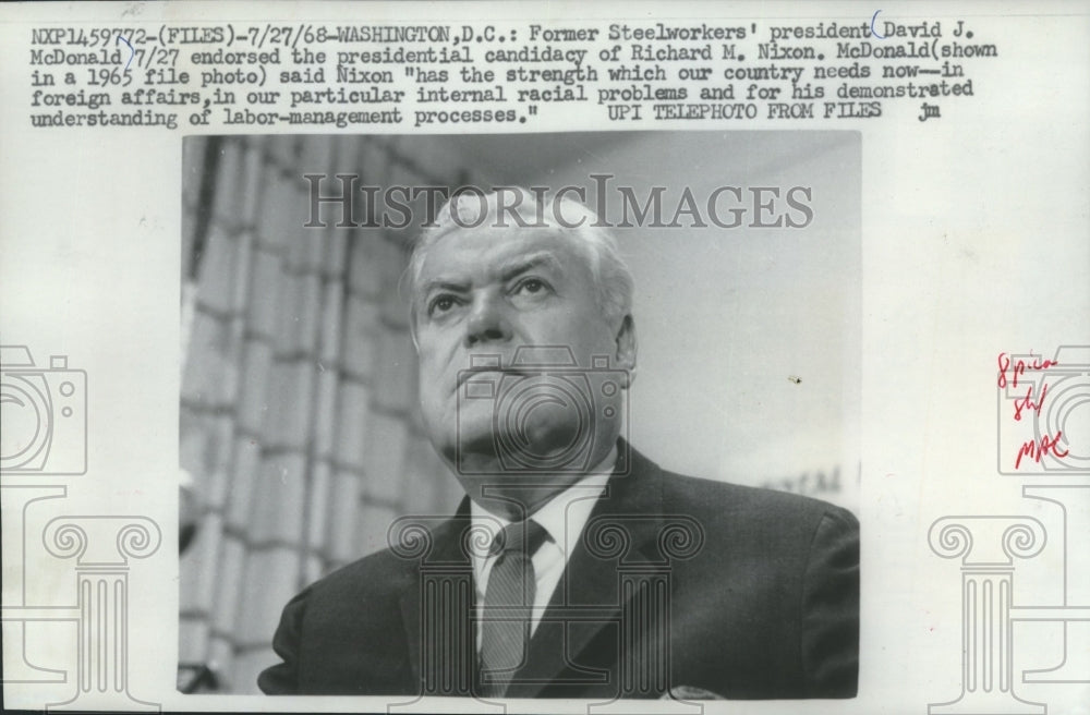 1965 Press Photo Photo of David J. McDonald, former Steelworkers&#39; president-Historic Images