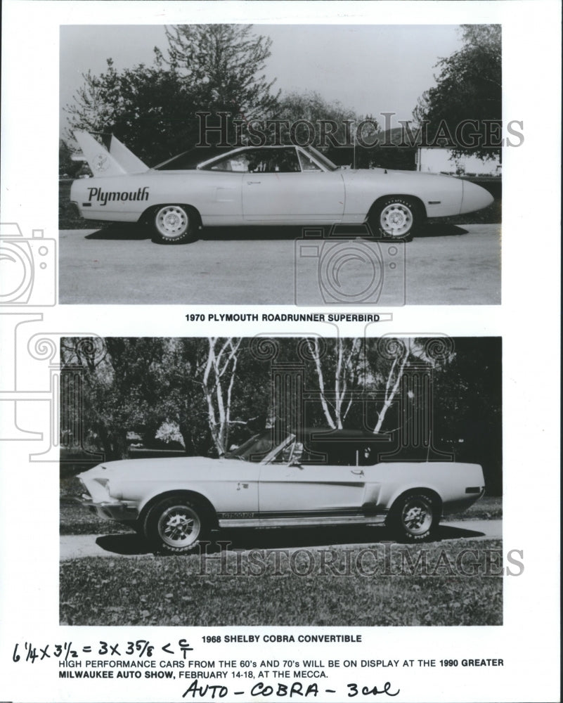 1990 Press Photo A 1979 Plymouth Roadrunner Superbird and 1968 Shelby Cobra - Historic Images