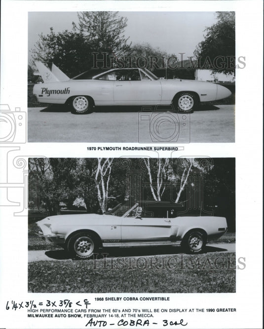 1990 Press Photo A 1979 Plymouth Roadrunner Superbird and 1968 Shelby Cobra - Historic Images
