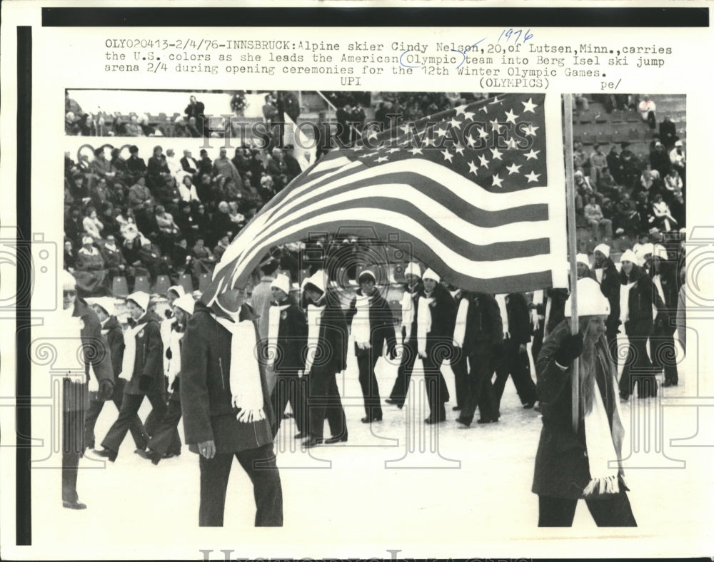 1978 Winter Olympian Cindy Nelson Holds Flag Leading Team to Games-Historic Images
