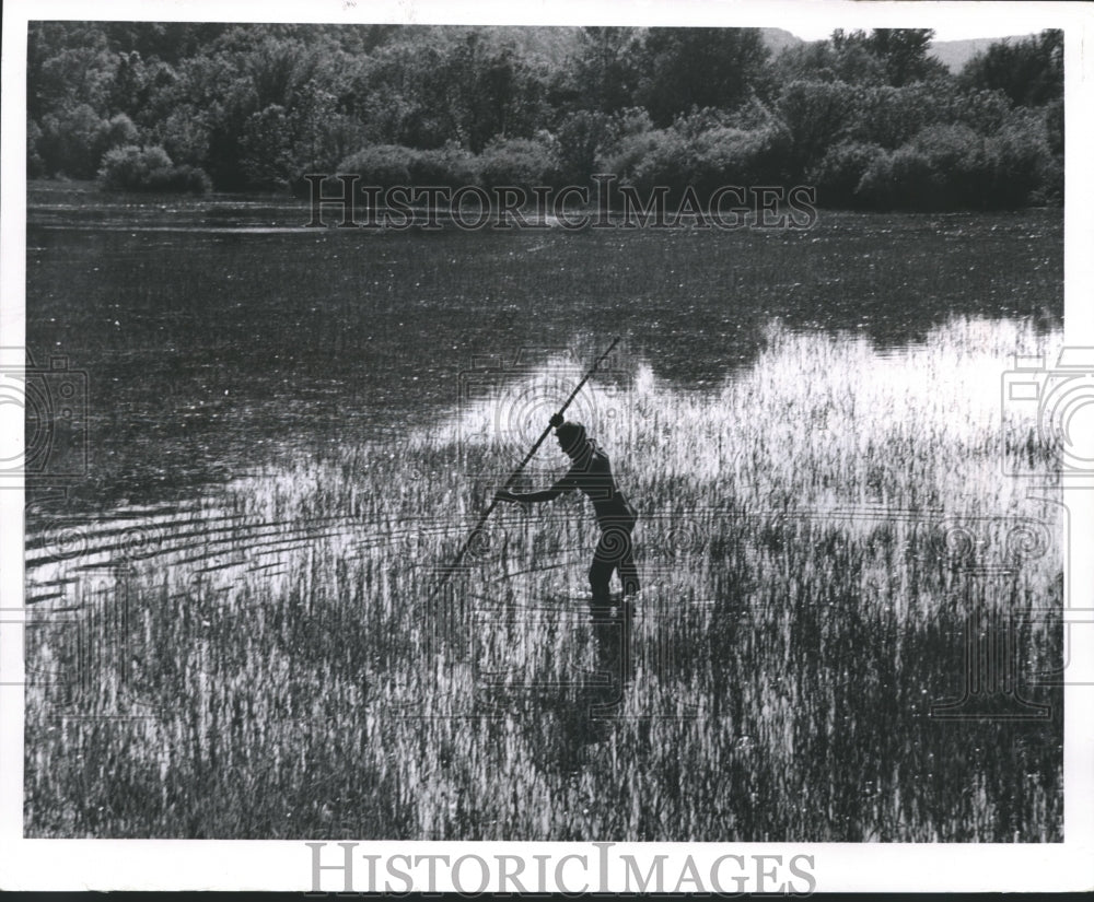 1968 Spear Fisher Ken Zerbel in flooded Wisconsin River fishing Carp-Historic Images