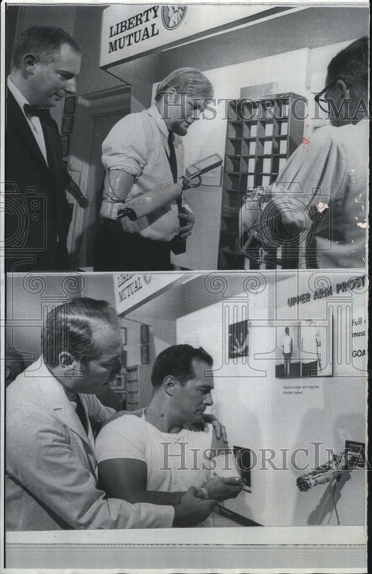 1968 Press Photo Parker Rand Jr. of Bangor, Maine with artificial "Boston arm" - Historic Images