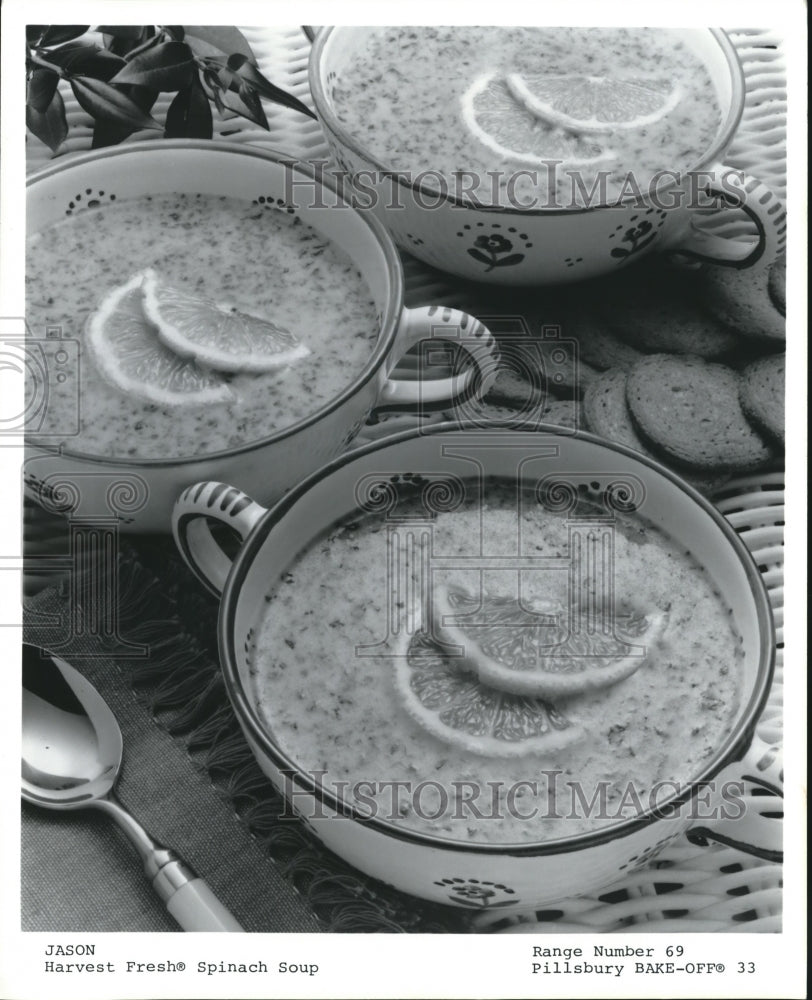 1993 Press Photo Cold Spinach Soup in Bowls with Biscuits on Table - mjb16325 - Historic Images