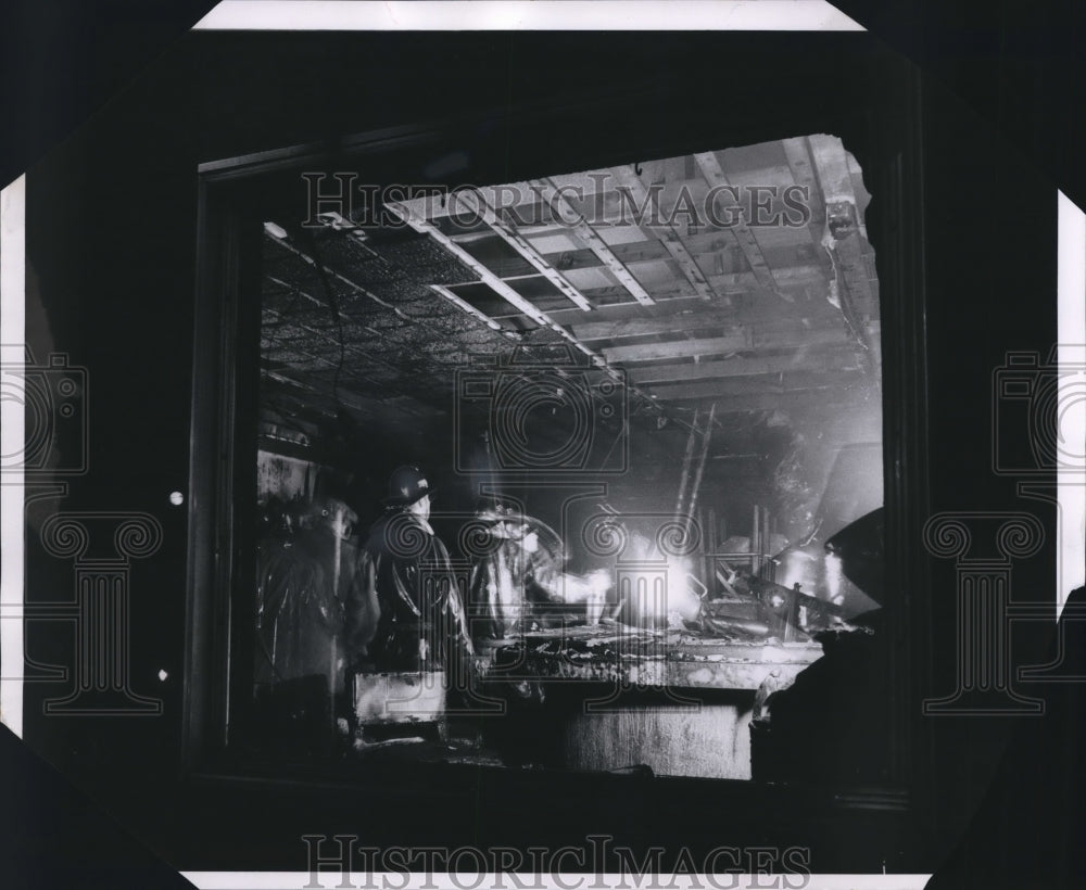 1958 Press Photo Firemen in Three Alarm Fire Downtown Milwaukee, Wisconsin - Historic Images