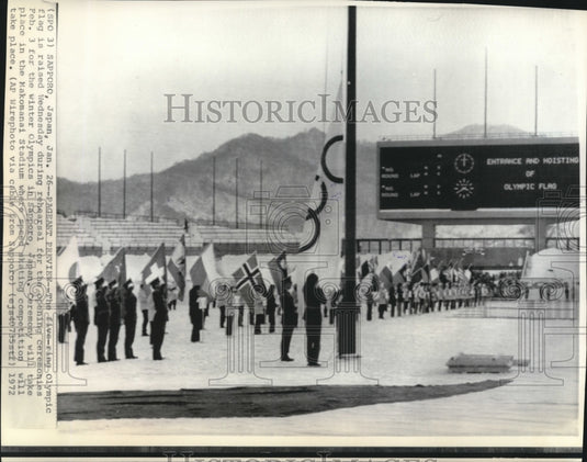 1972 Press Photo Olympic flag raised, Olympic opening ceremony rehearsal, Japan-Historic Images
