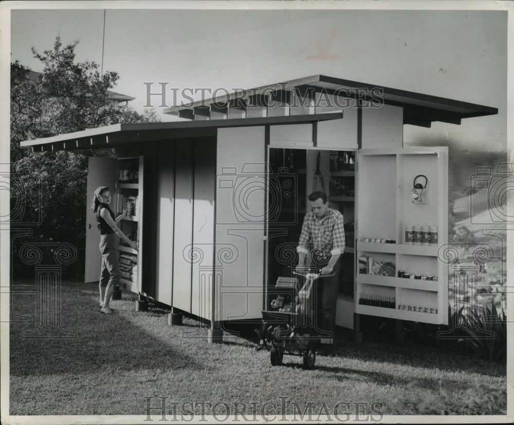 1958 Press Photo Garden Storage Unit to hold Garden and Patio Equipment - Historic Images