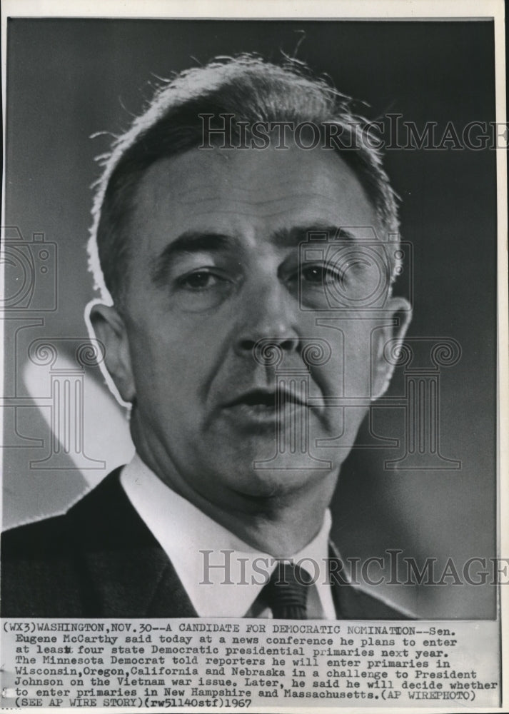 1967 Press Photo Sen. Eugene McCarthy Announces Entry Into Democratic Primaries - Historic Images