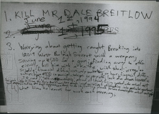 1994 Leonard McDowell's Notes to Murder Dale Breitlow-Historic Images