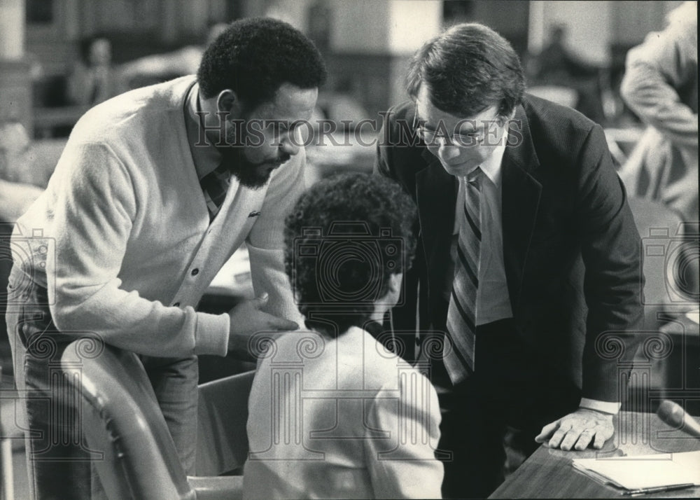 1984 Michael McGee and Wayne P. Frank Talk to Mariene E. Johnson-Historic Images