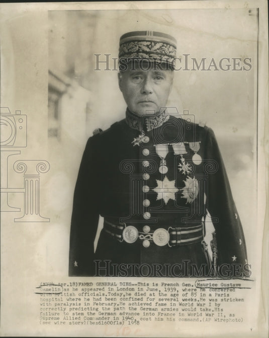 1939 Press Photo French General Maurice Gustave Gamelin in London, England - Historic Images