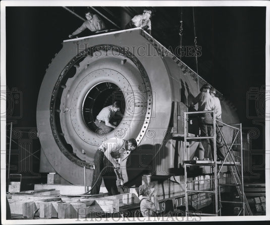 1955 Press Photo G.E.'s Huge Generator Stator Loaded in New York for Relocation-Historic Images