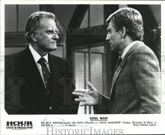 1985 Press Photo Billy Graham and Gary Collins on "Hour Magazine" - mjb23245 - Historic Images