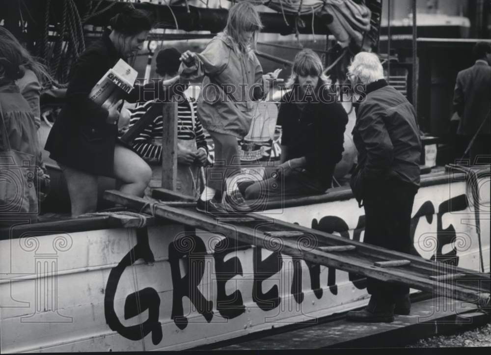 Ketchits Crew 1985 Greenpeace ketch Fri's crew talked with a man ashore, Milwaukee ...