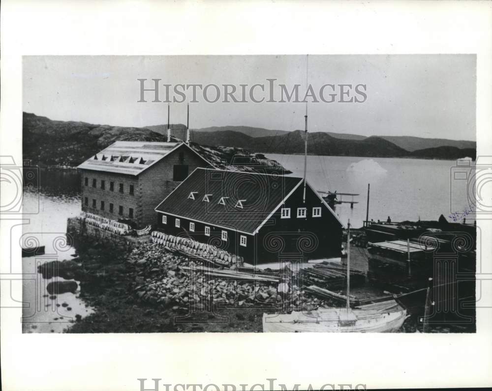 1941 Press Photo Warehouse & radio station on a fjord at Julianehoab, Greenland - Historic Images