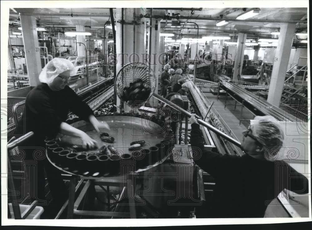 1993 Press Photo Workers sort and jar pickles at Green Bay Food Company, WI - Historic Images