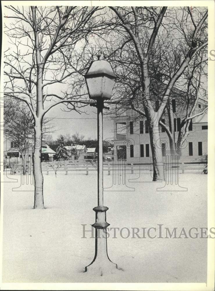 1979 Press Photo Snow clings to trees, lights, Old Wade House Inn, Greenbush, WI - Historic Images