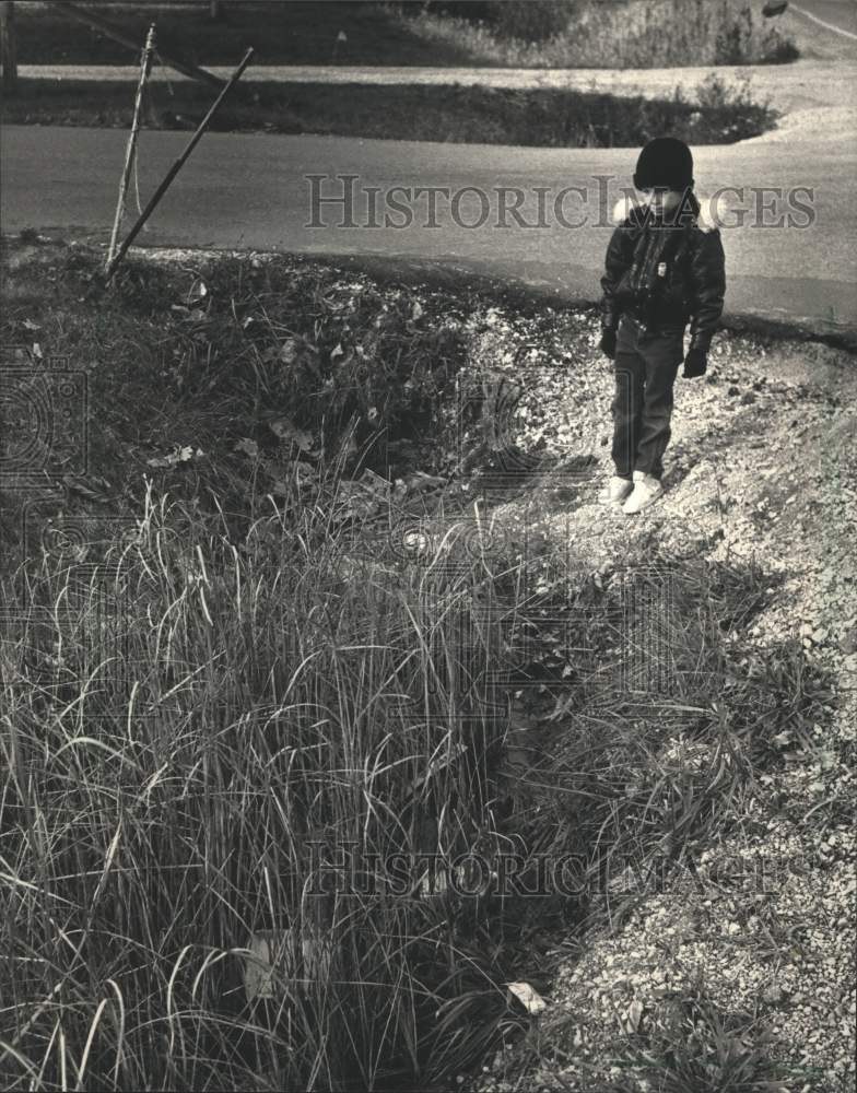 1987 Press Photo Matthew Koser looks into ditch, accident scene, Greenfield WI - Historic Images