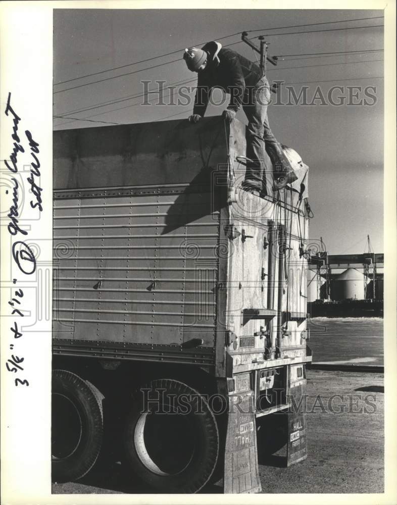 1981 Press Photo Ken Pressley takes sample from North Dakota Grain truck - Historic Images