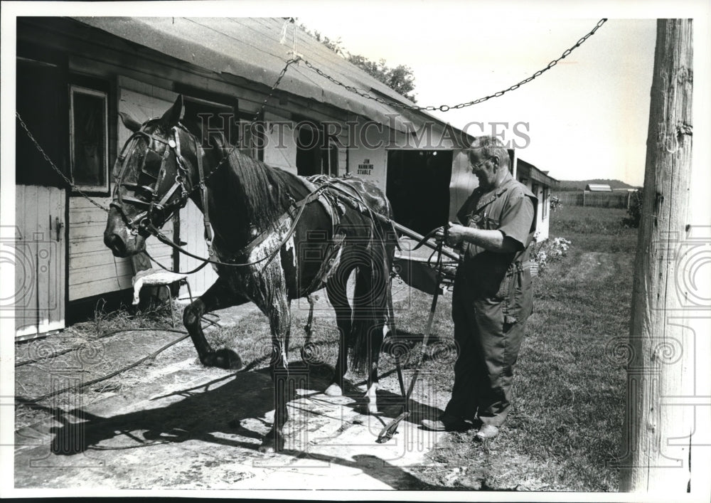 1994 Press Photo Trainer Jim Manning prepares with Horse, Nava Nickle Bill - Historic Images