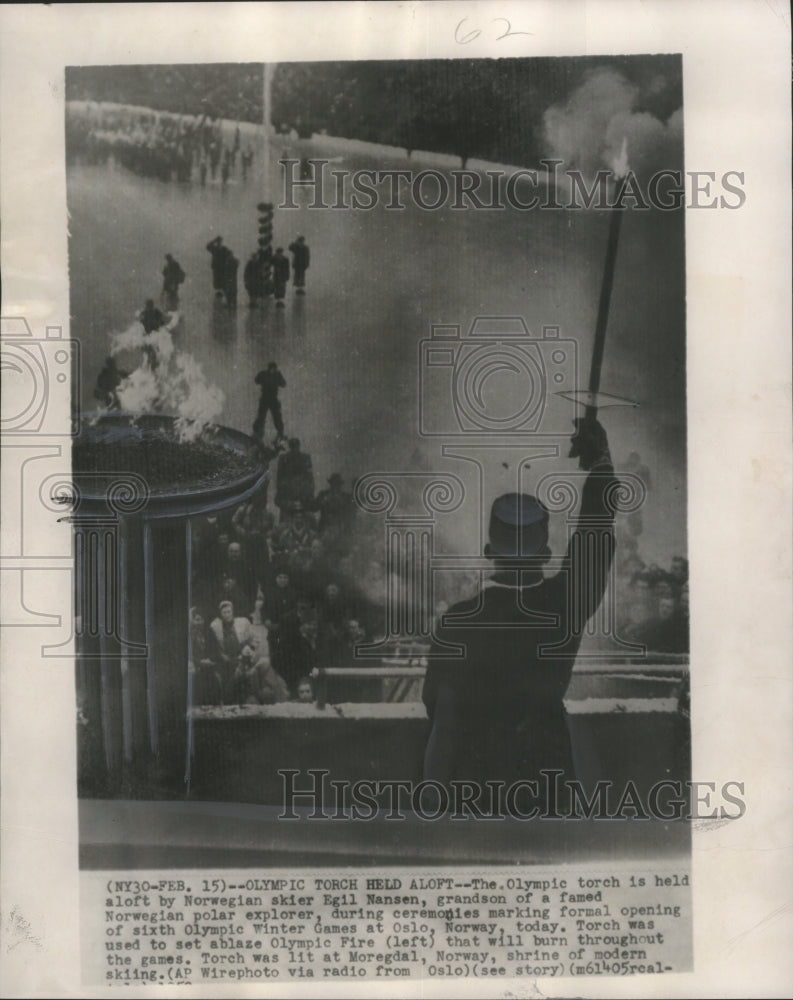 1952 Press Photo Skier Egil Nansen Lights Olympic Fire in Oslo, Norway - Historic Images