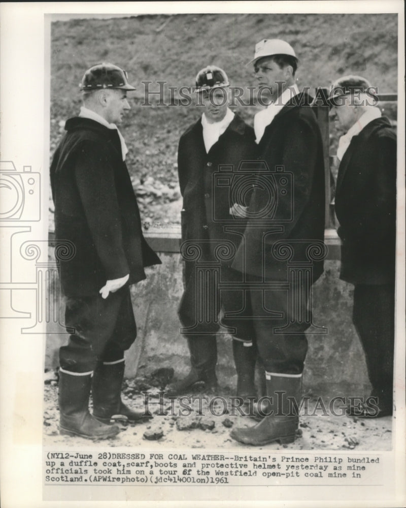 1961 Press Photo Prince Phillip bundles up for coal mine tour, Scotland England-Historic Images