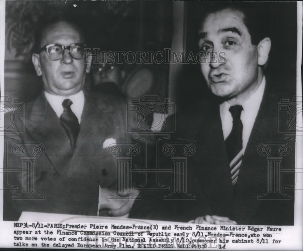 1954 Press Photo Premier Pierre Mendes-France and Edgar Faure Shake Hands, Paris-Historic Images