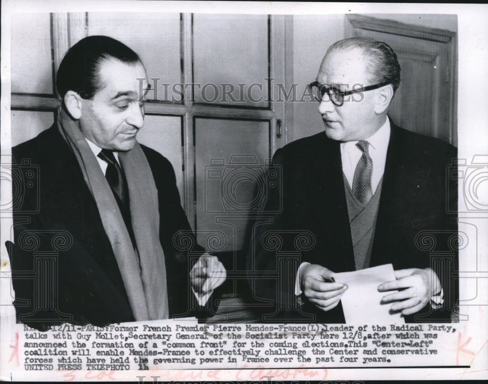 1955 Press Photo Pierre Mendes-France and Guy Mollet meet in Paris, France - Historic Images