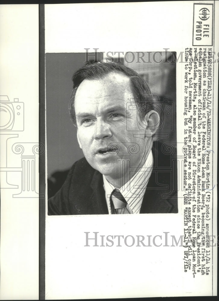 1972 Press Photo Preston Martin announces resignation as Chairman of the Board - Historic Images