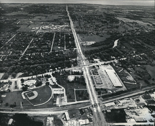 1983 Aerial view of the widening of Mequon Rd, Mequon Wisconsin-Historic Images