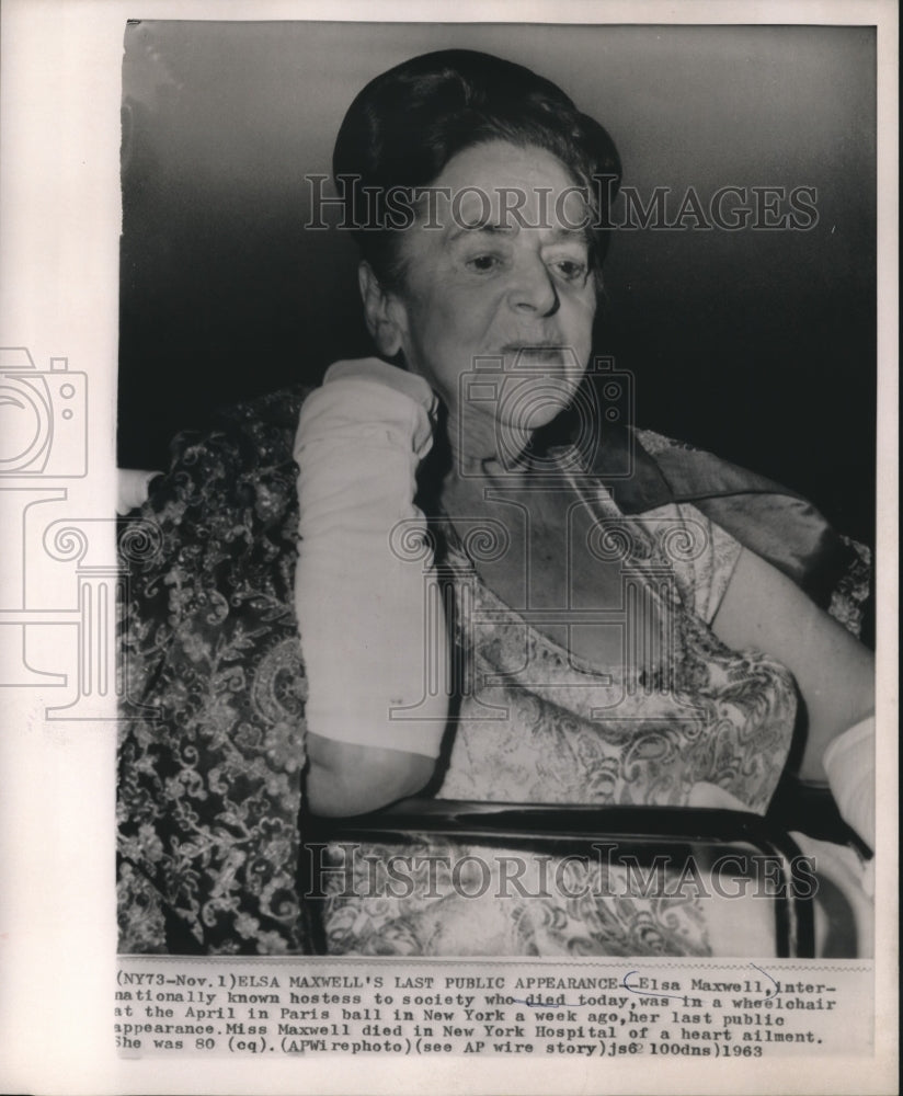 1963 Press Photo Elsa Maxwell at last public appearance in New York City Ball. - Historic Images