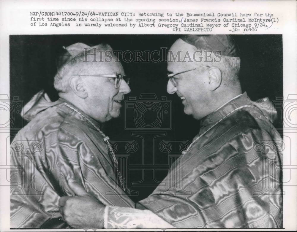 1964 Press Photo James Francis Cardinal McIntyre greets Albert Gregory Cardinal - Historic Images