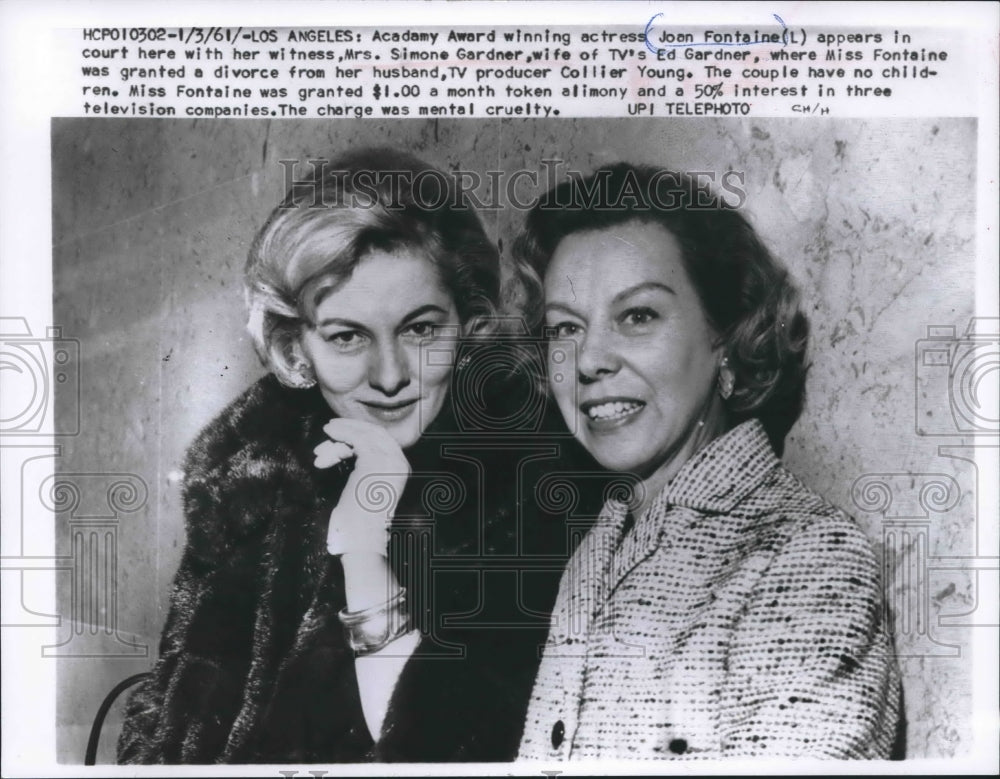 1961 Press Photo Actress Joan Fontaine in court with witness, Simone Gardner - Historic Images