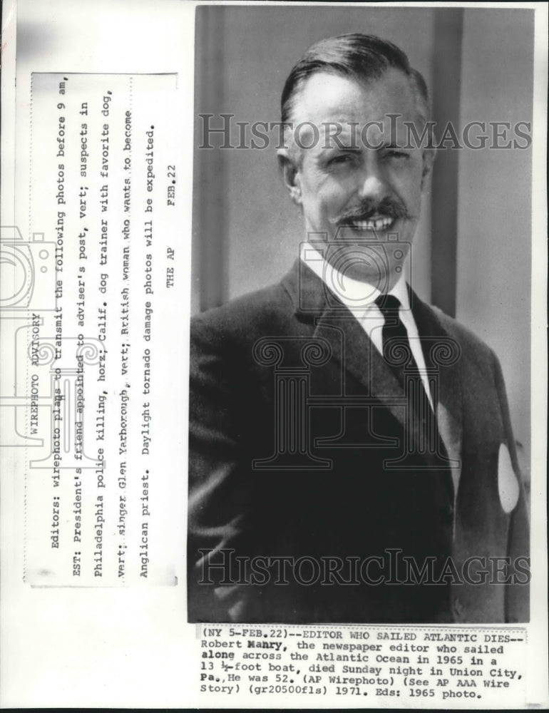 1965 Press Photo Robert Manry, editor who sailed Atlantic dies. - mjb36925 - Historic Images